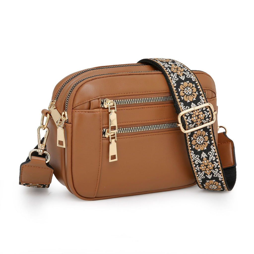 Sarah Express Small Multi-Pocket Patterned Strap Crossbody Bag Brown