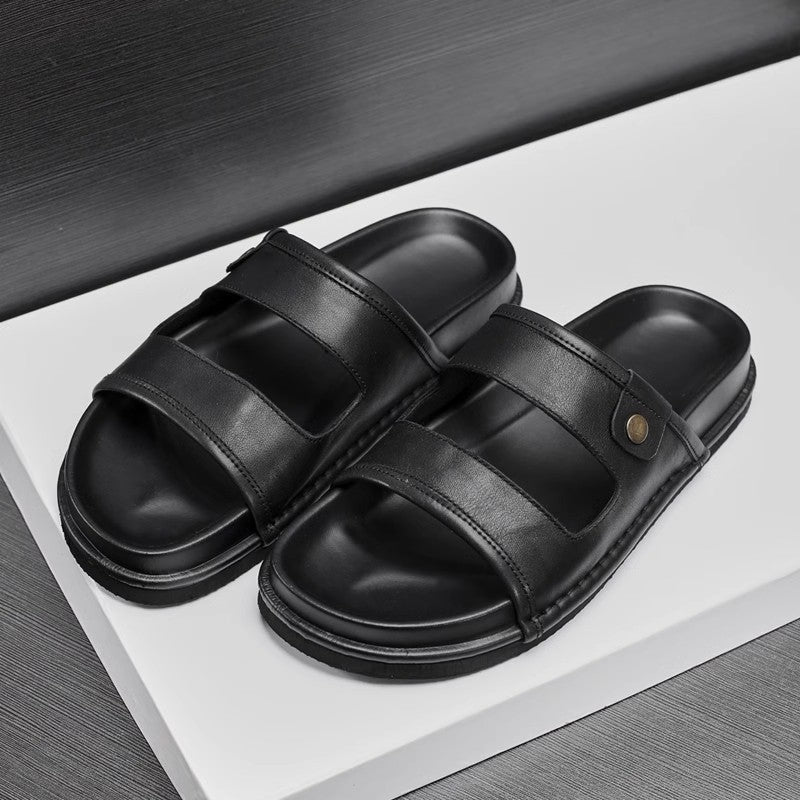 Sarah Express Men's Casual Breathable Leather Slide Sandals Black