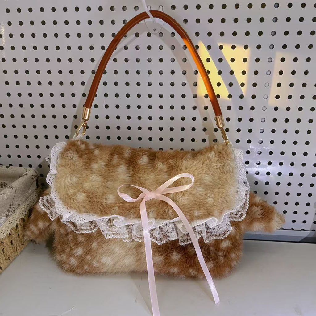 Sarah Express Plush Fawn Pattern Bow Tote Bag