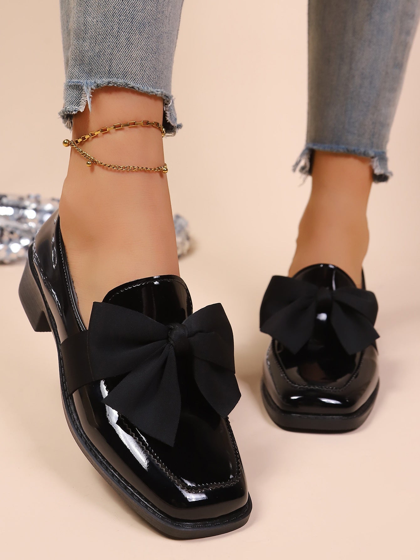Sarah Express Elegant Square Toe Bow Dress Flats