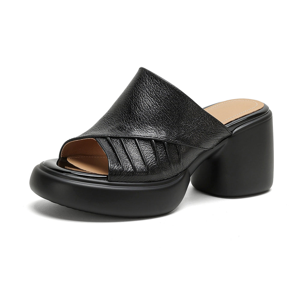 Sarah Express Ruched Lambskin Leather Block Heel Slides Black