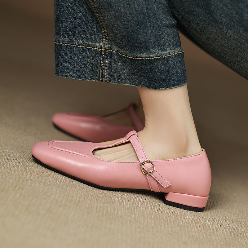 Sarah Express Women's T-Strap Peep Toe Flat Pumps