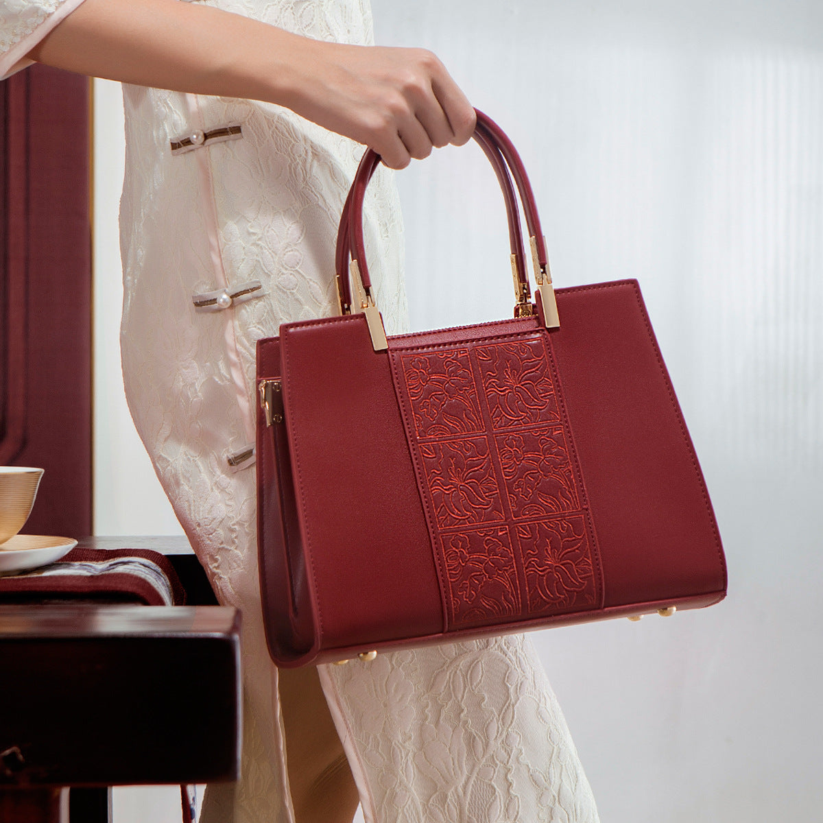 Sarah Express Embroidered Floral Structured Red Handbag