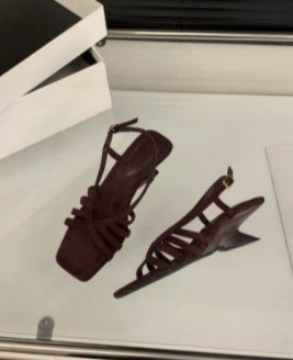 Sarah Express Suede Wedge Sandals with Ankle Strap Burgundy
