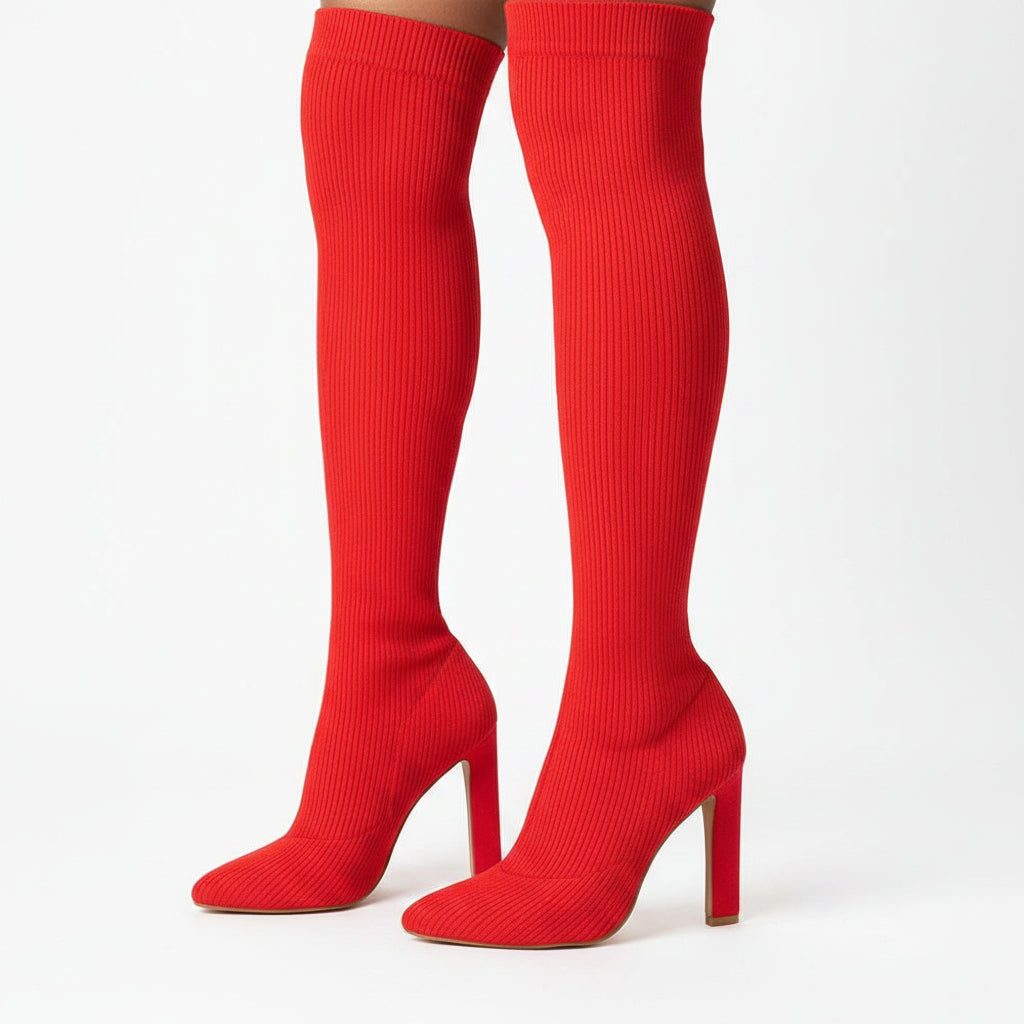 Sarah Express Over-Knee Stretch Knit High Heel Boots Red