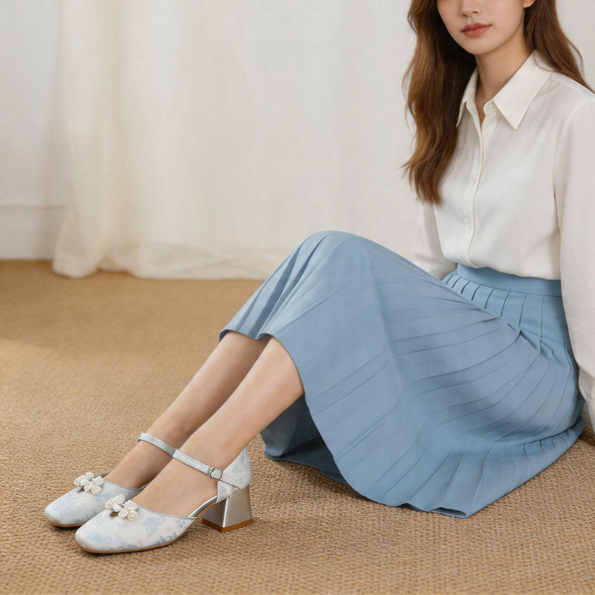Sarah Express Jacquard Platform Heels with Pearl Bow