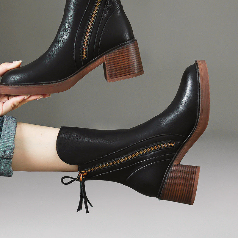 Sarah Express Retro Side Zipper Block Heel Boots Black