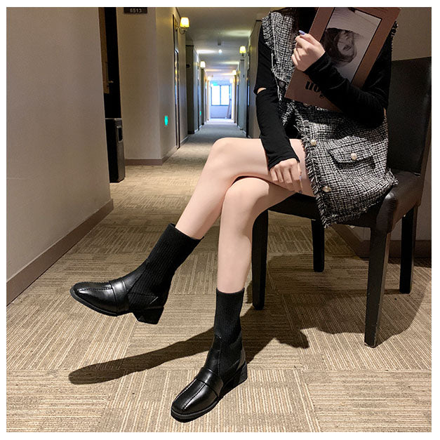 Sarah Express Square Toe Knitted Mid-Tube Martin Boots Black