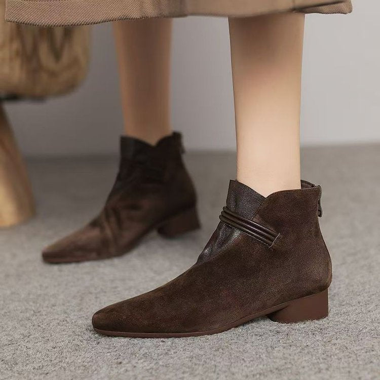 Sarah Express Retro Suede Chunky Heel Ankle Boots