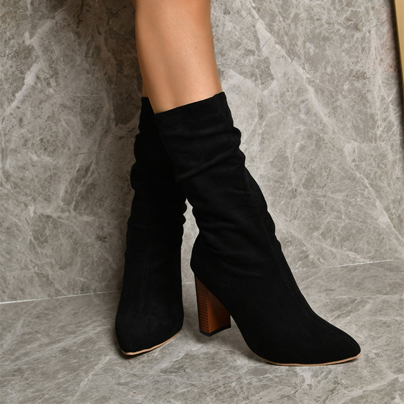 Sarah Express Pointed-Toe Mid-Calf Block Heel Boots