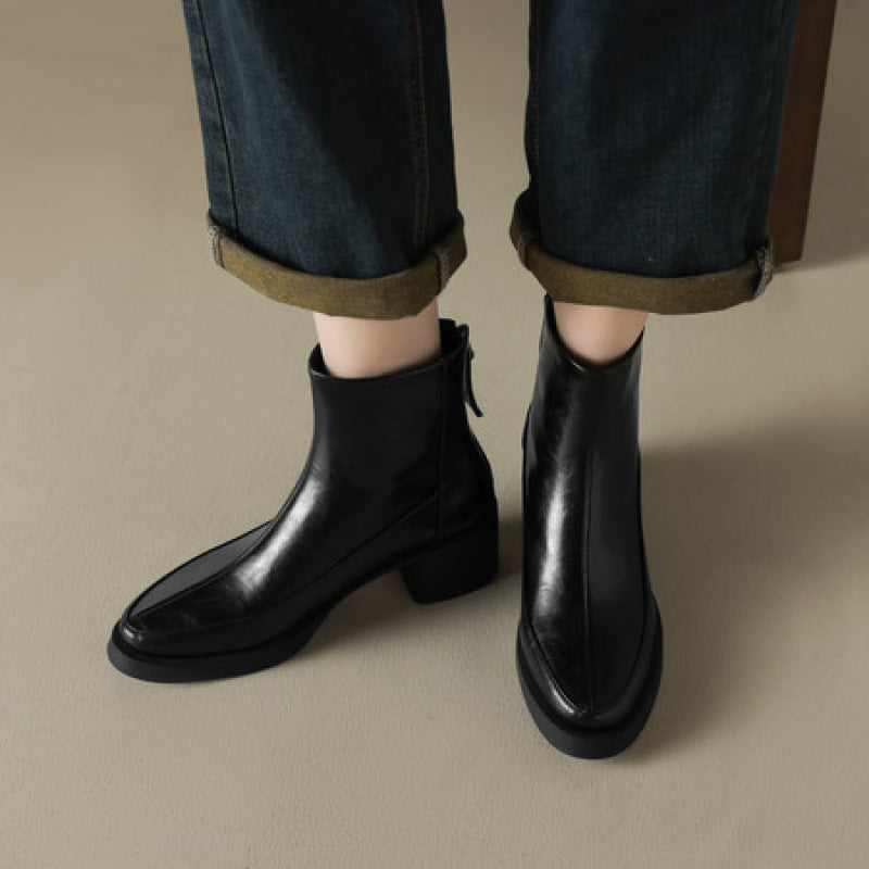 Sarah Express Genuine Leather High-Heel Ankle Boots Black Single Liner