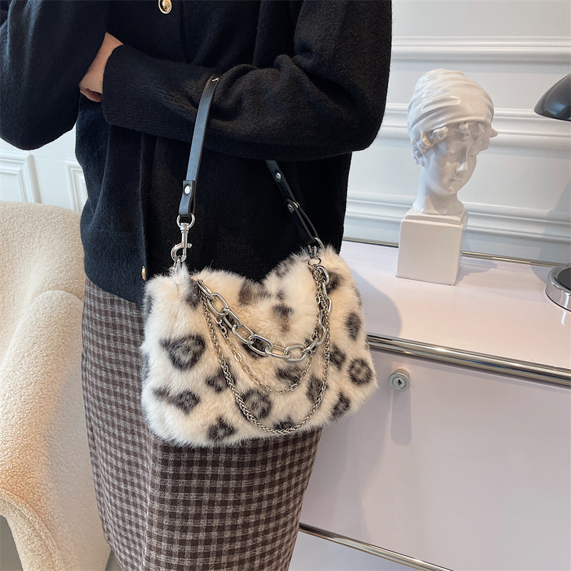Sarah Express Leopard Print Plush Chain Shoulder Bag