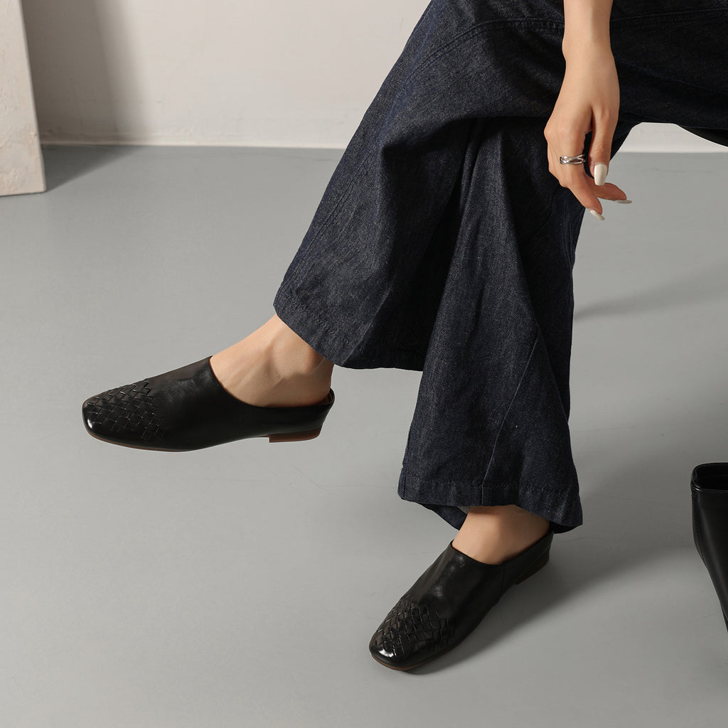 Sarah Express Hand-Woven Leather Square Toe Mule Loafers