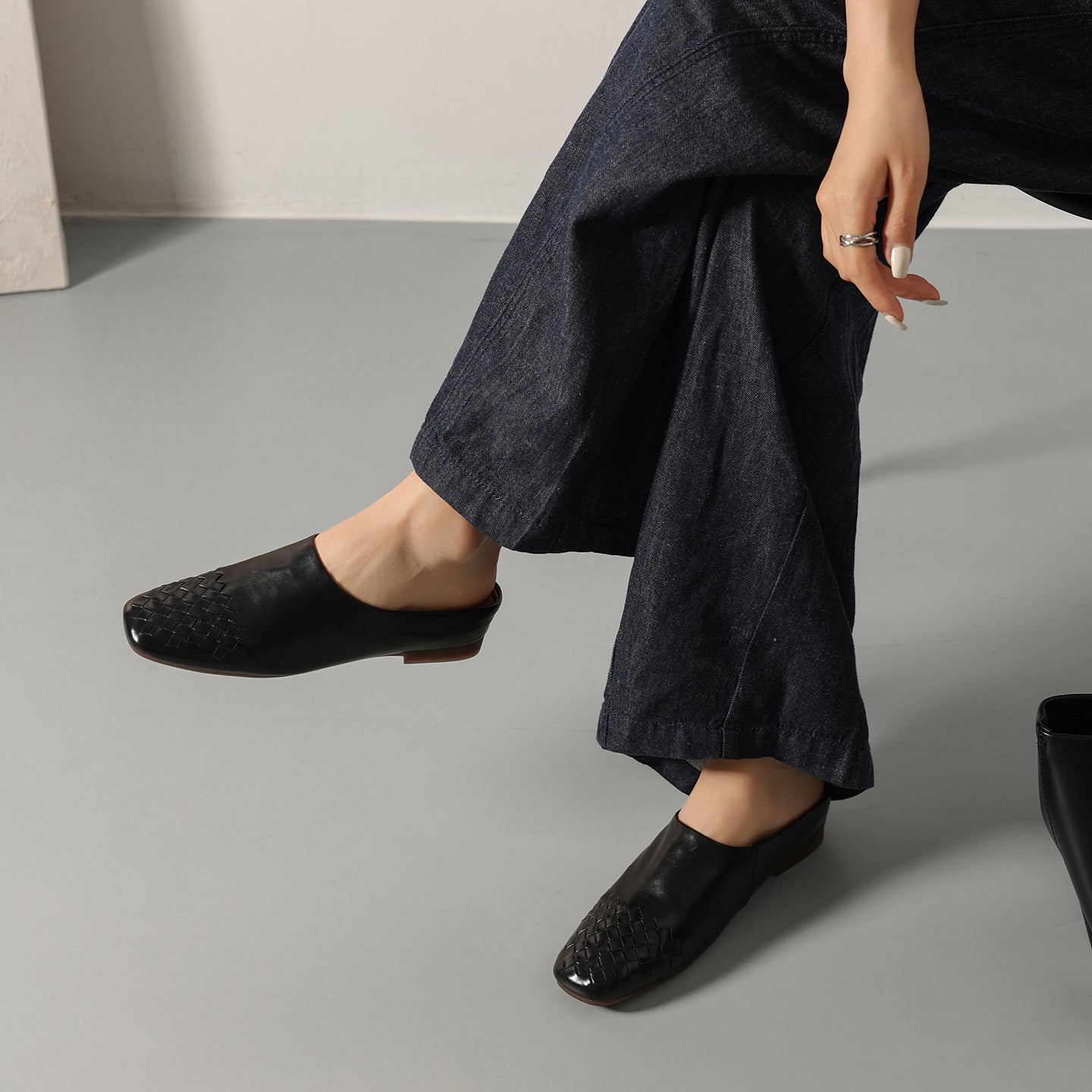 Sarah Express Hand-Woven Leather Square Toe Mule Loafers