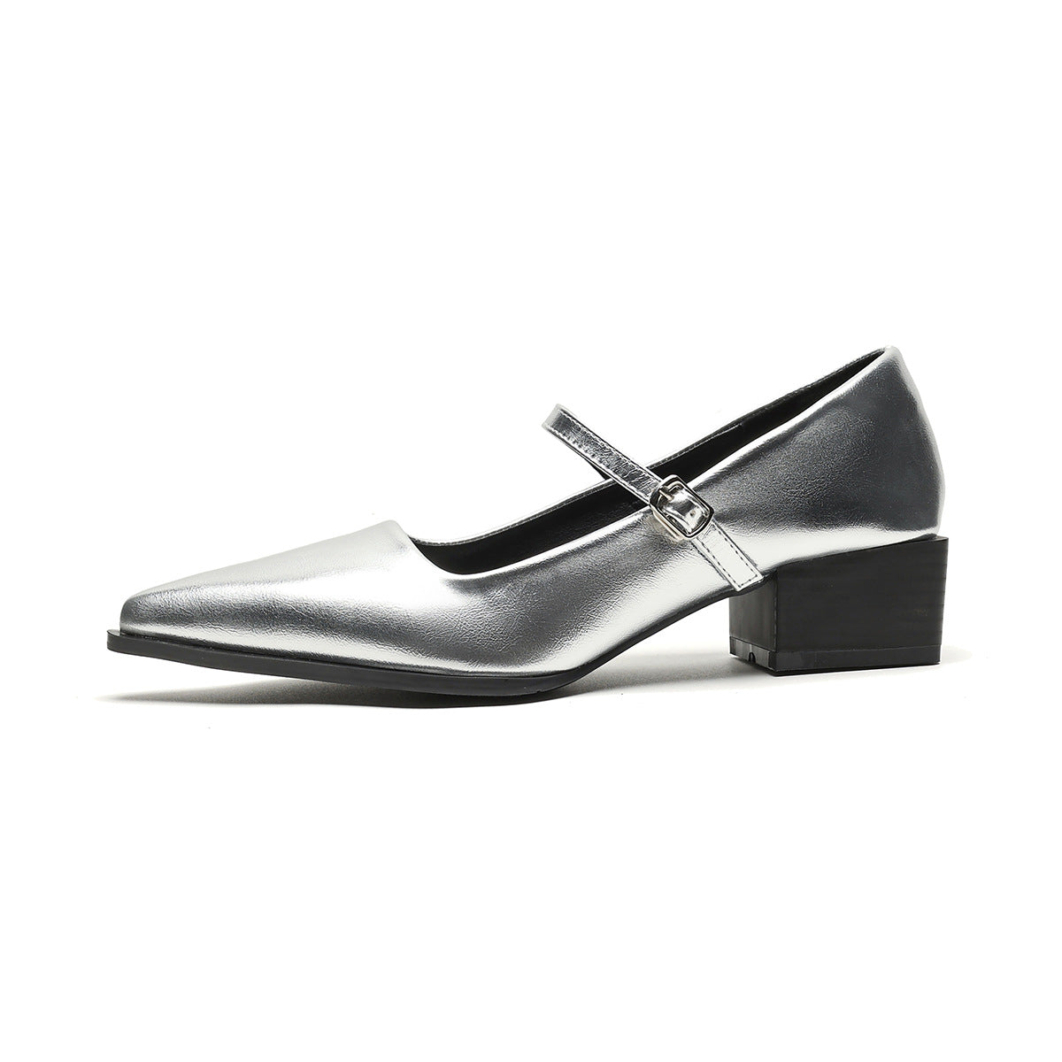 Sarah Express Cowhide Leather Chunky Heel Mary Janes Silver