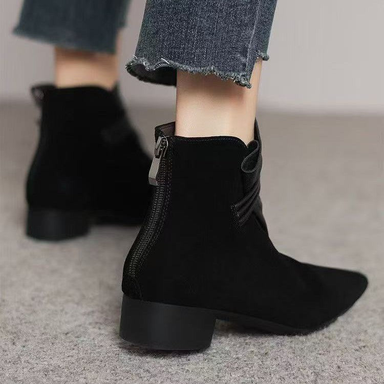 Sarah Express Retro Suede Chunky Heel Ankle Boots Black