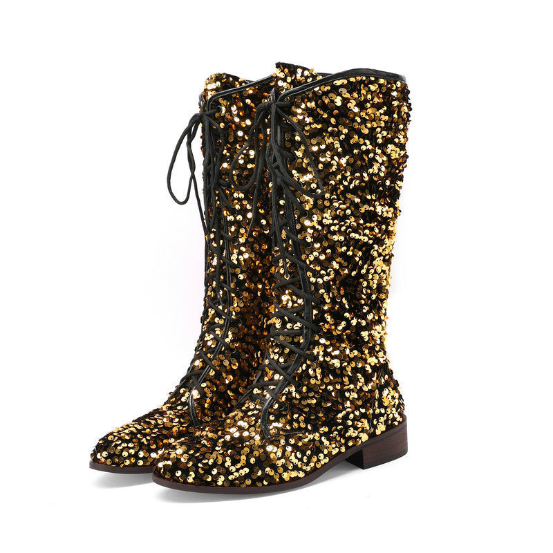 Sarah Express Glitter Sequin Over-the-Knee Lace-Up Boots