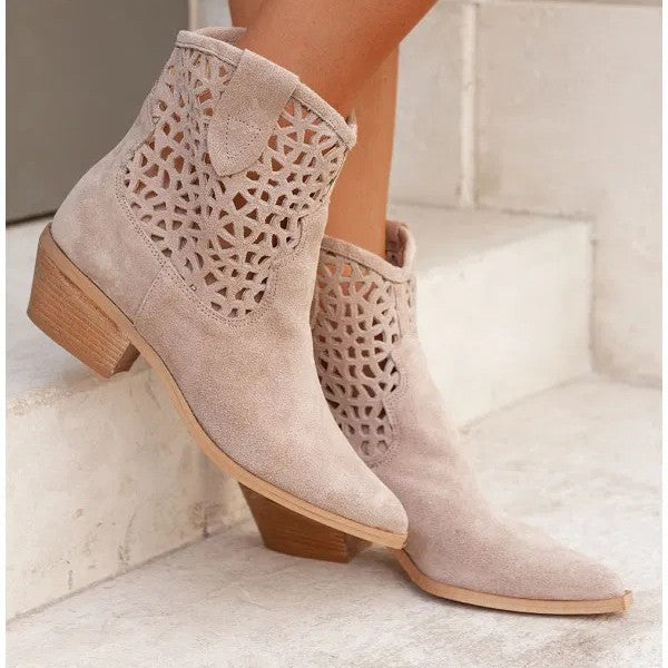 Sarah Express Women's Cutout Suede Chunky Heel Boots