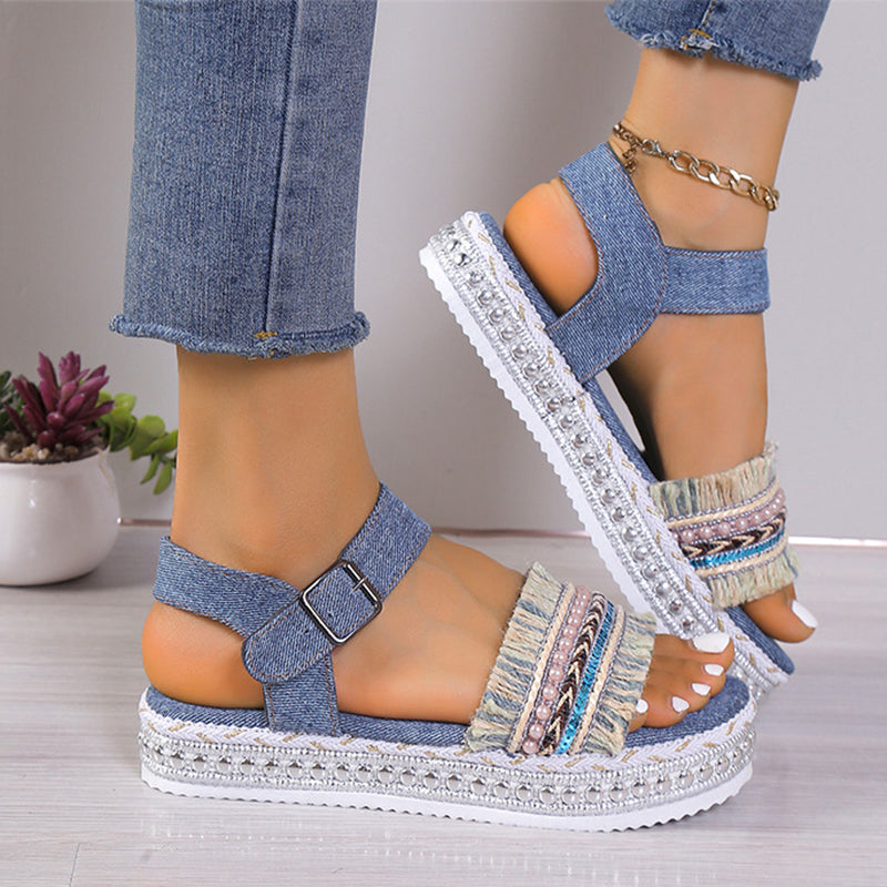 Sarah Express Women's Tassel Denim Flat Sandals