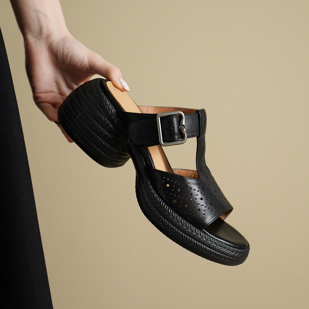 Sarah Express Perforated Leather T-Strap Platform Sandals