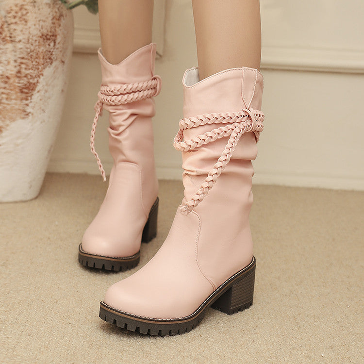 Sarah Express Knitted Strap Mid-Calf Chunky Heel Boots