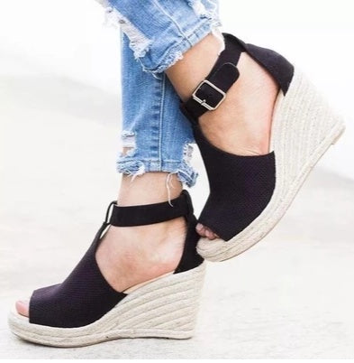 Sarah Express Canvas Wedge Sandals with Buckle Strap black
