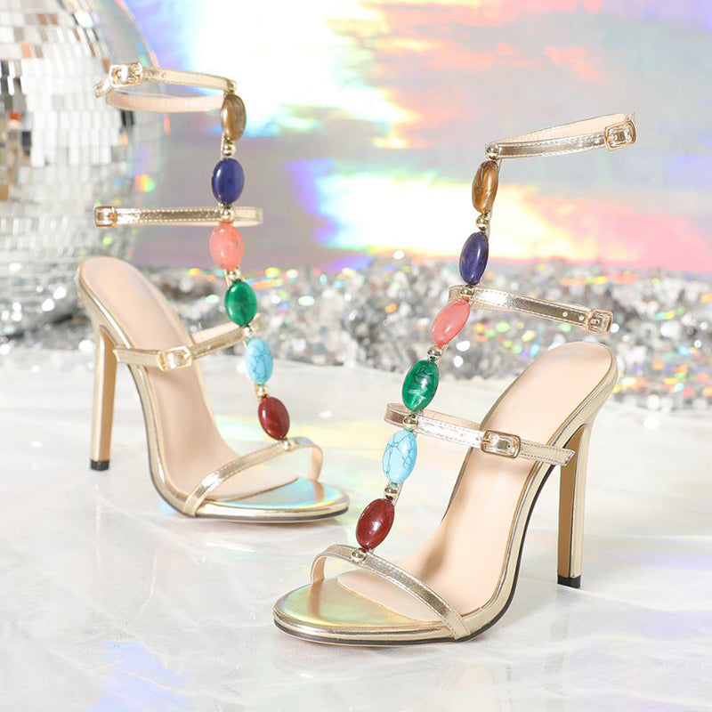 Sarah Express Beaded Stiletto Sandals with Buckle Straps
