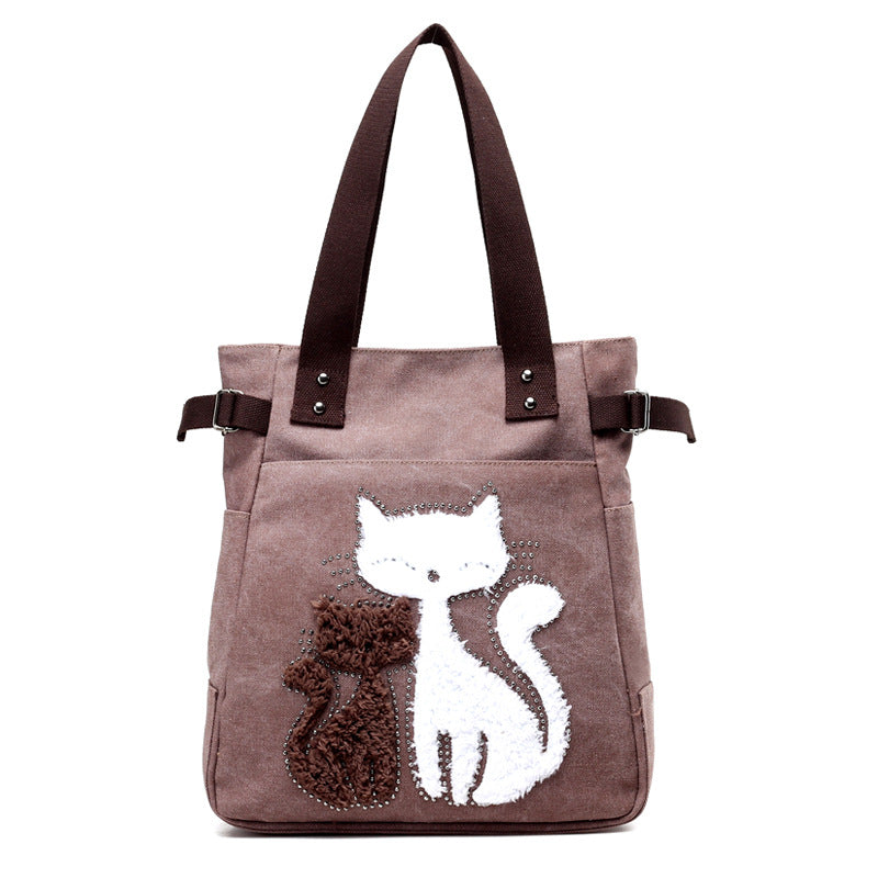 Sarah Express Canvas Tote Bag with Cat Applique Pink