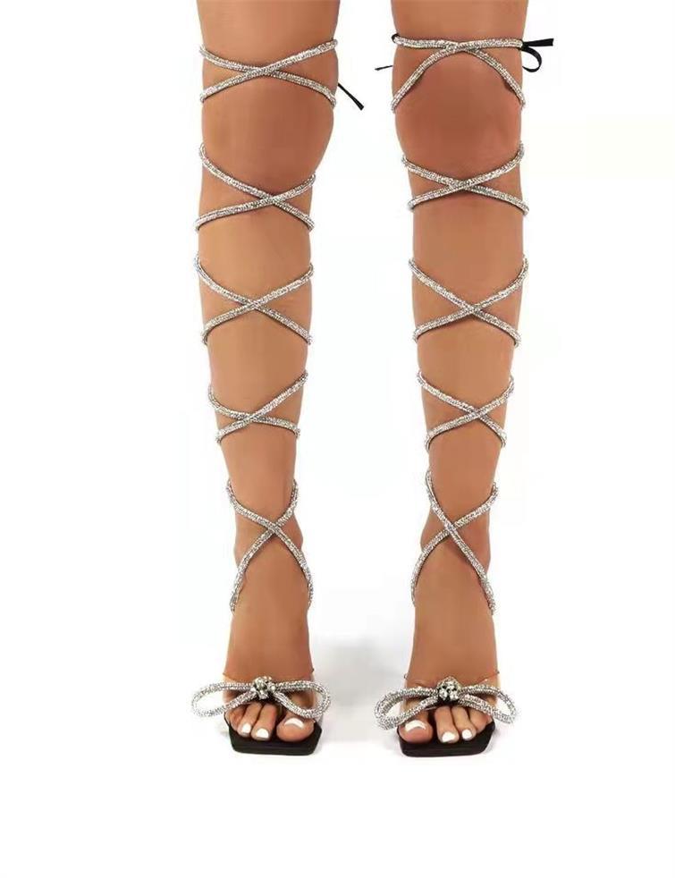Sarah Express Rhinestone Strappy Square Toe Heeled Sandals