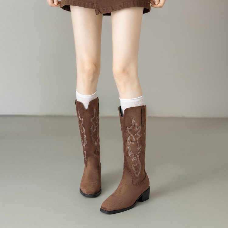 Sarah Express Retro Embroidered Western Square Toe Boots