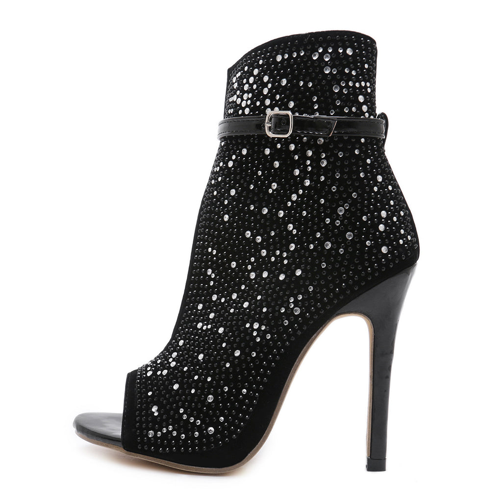 Sarah Express Rhinestone Suede Open-Toe High Heels Black