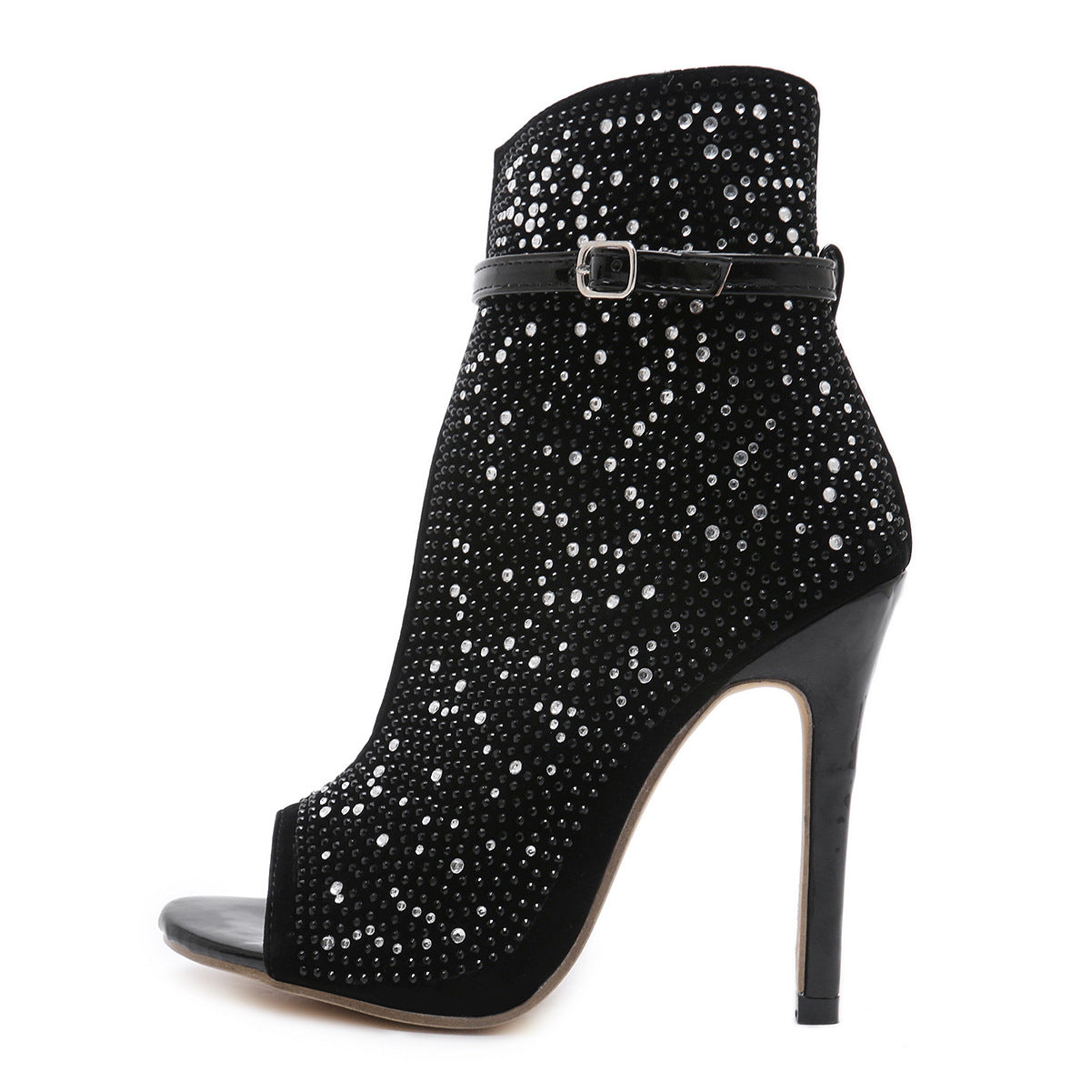 Sarah Express Rhinestone Suede Open-Toe High Heels Black