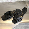Sarah Express Woven Strap Square Toe Flat Sandals Black