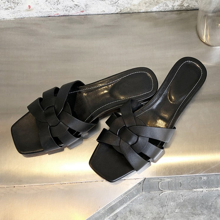 Sarah Express Woven Strap Square Toe Flat Sandals Black
