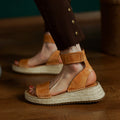 Sarah Express Braided Leather Vintage Wedge Sandals Apricot Yellow