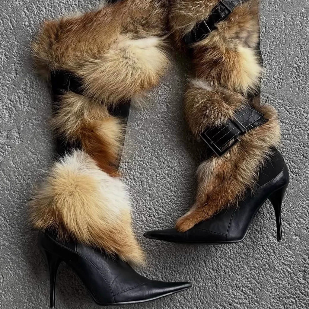 Sarah Express Fluffy Trim Stiletto Thigh-High Boots