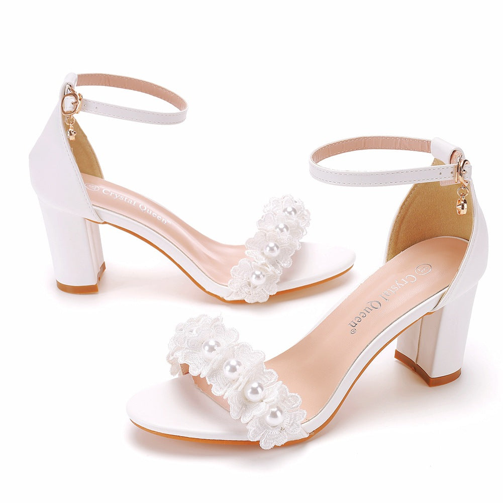 Sarah Express Floral Beaded Ankle Strap Block Heels