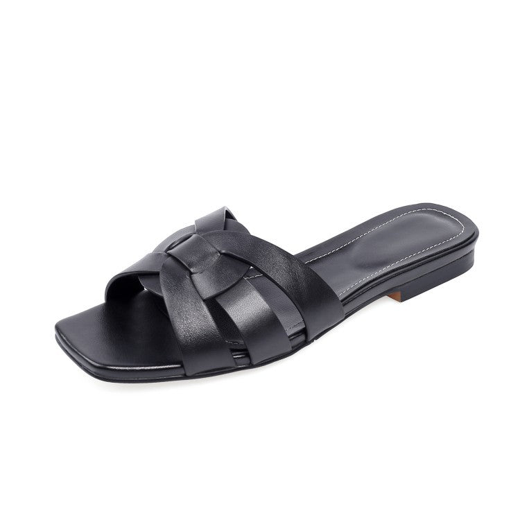 Sarah Express Woven Strap Square Toe Flat Sandals