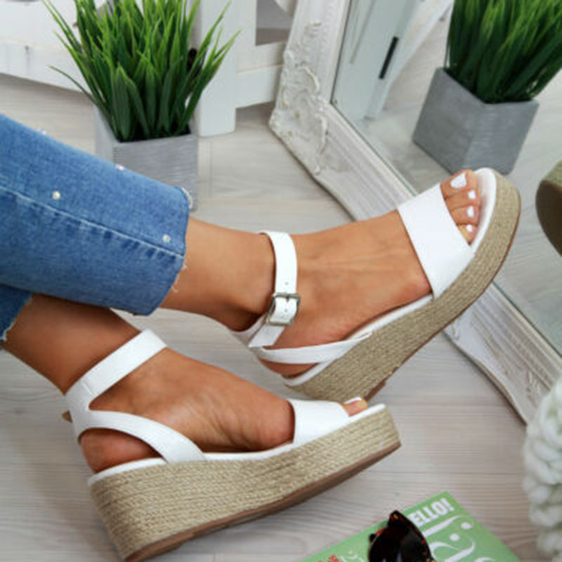 Sarah Express Women's Platform Wedge Ankle Strap Sandals White