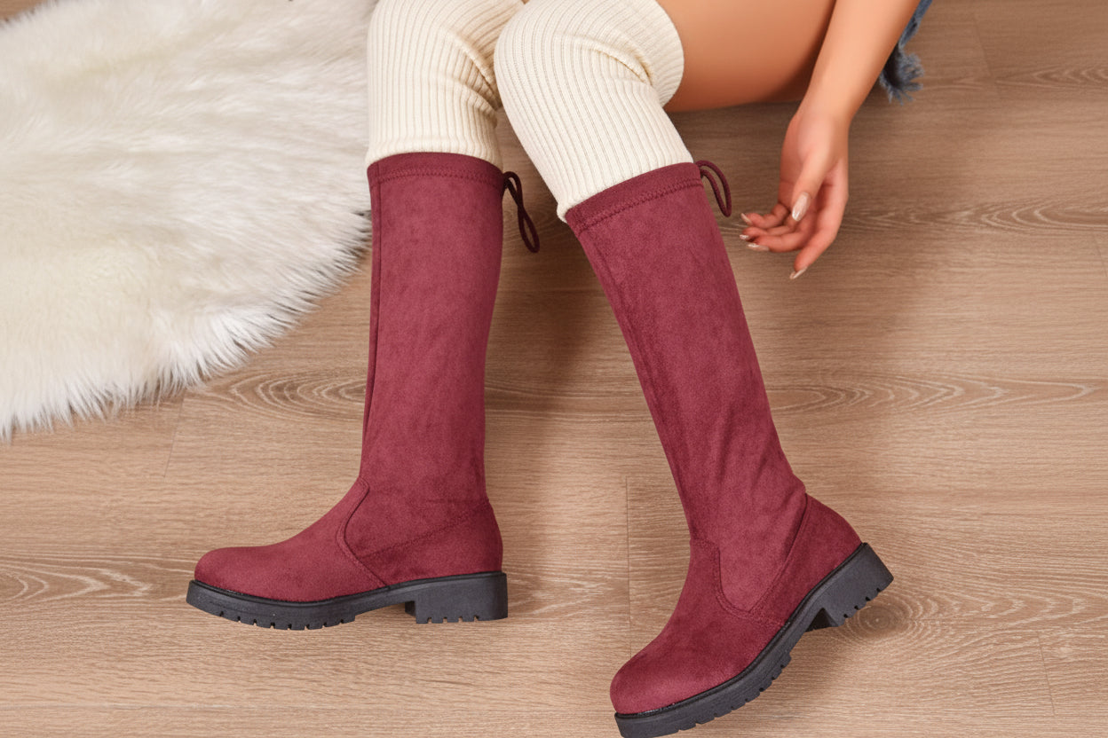 Burgundy Suede Lace-Up Knee High Boots – lace-up detail