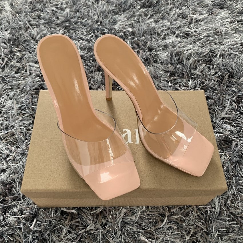 Sarah Express Clear Strap Square Toe Stiletto Heels