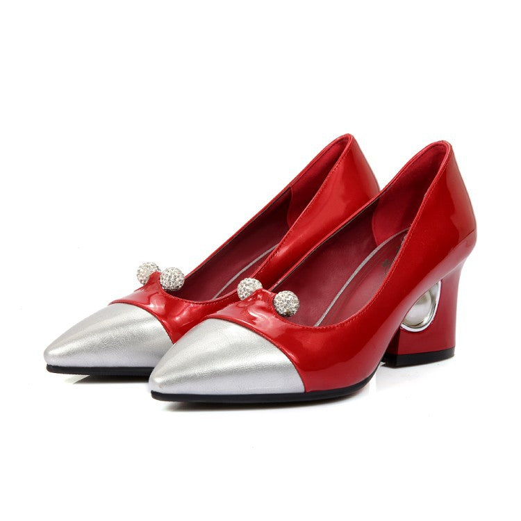 Sarah Express Rhinestone Pointed Toe Mid Heel Pumps Red