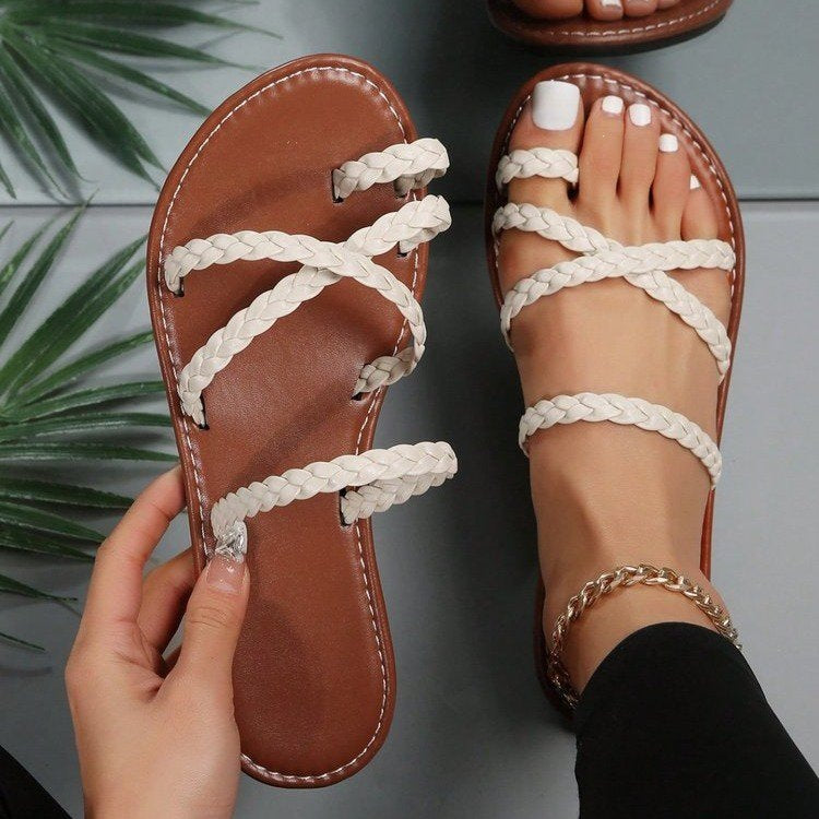 Sarah Express Braided Strap Toe Ring Flat Sandals