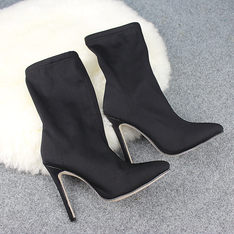 Sarah Express Stretch Suede Pointed Toe High Heel Boots Black