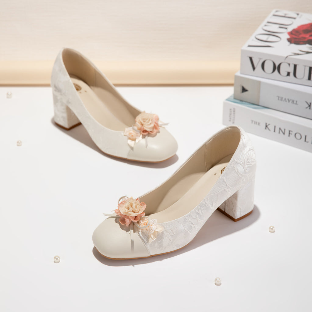 Sarah Express Floral Jacquard Square Toe Block Heels