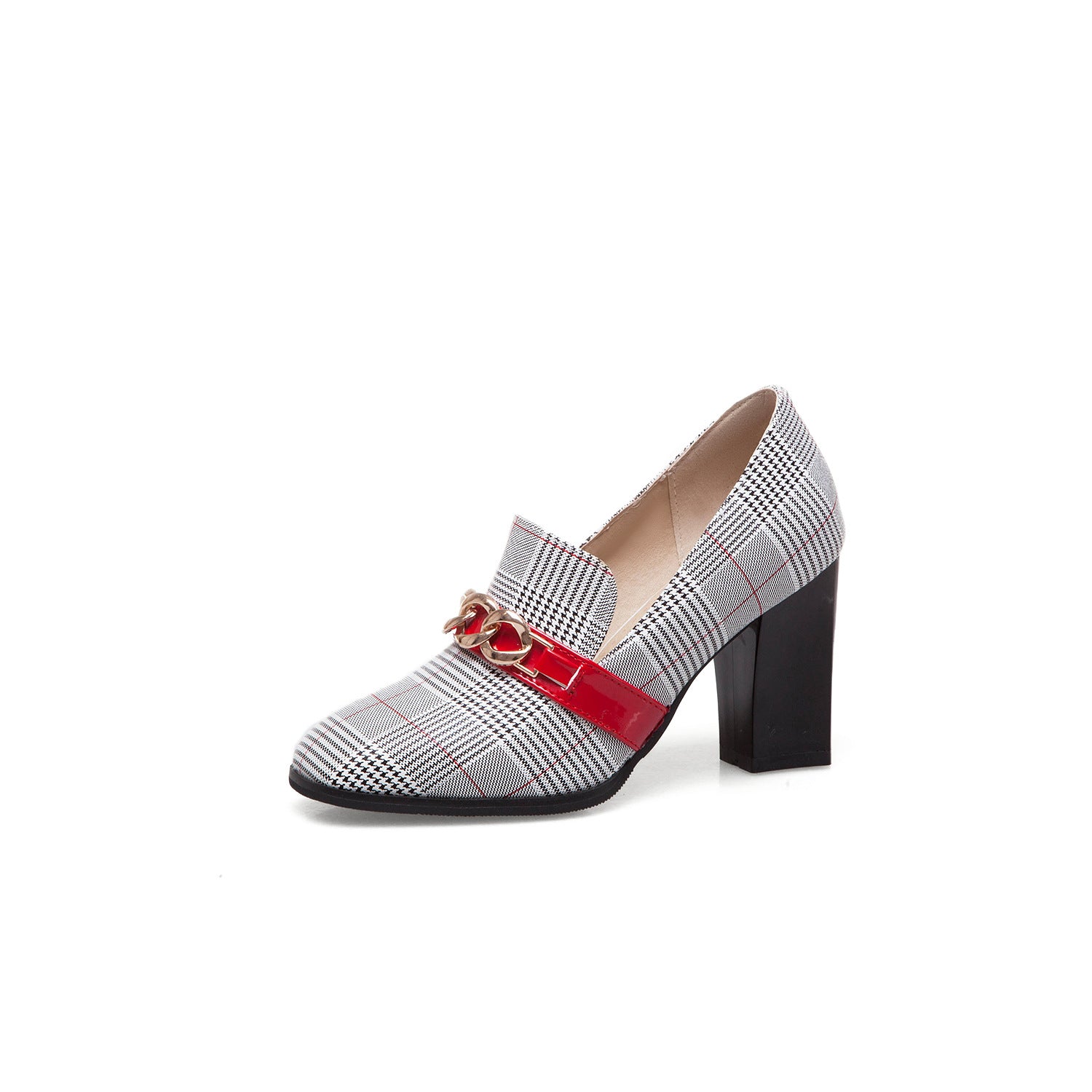 Side view of red plaid block heel pump