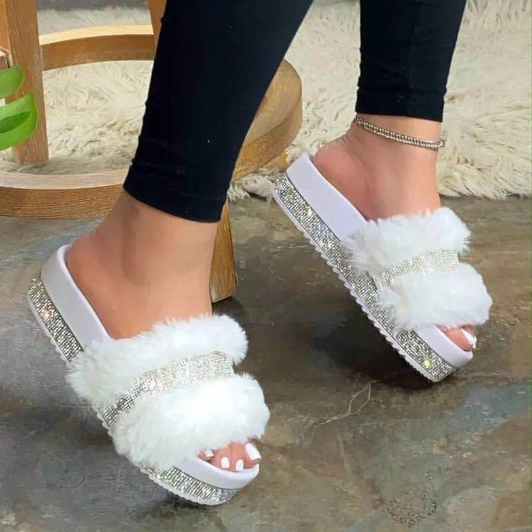 Sarah Express Women's Rhinestone Platform Fur Slides