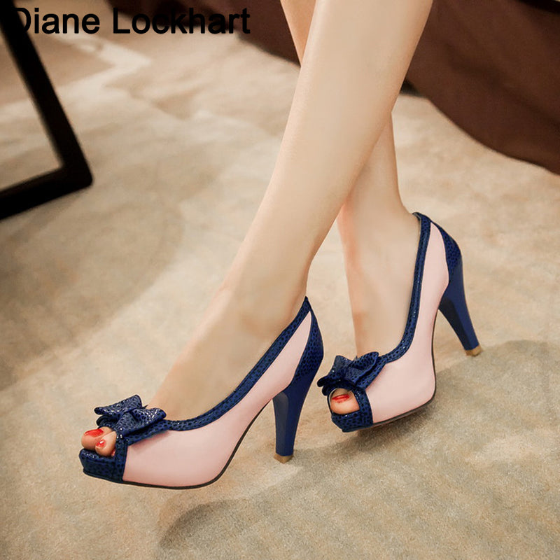 Sarah Express Peep Toe Bow High Heel Pumps Pink