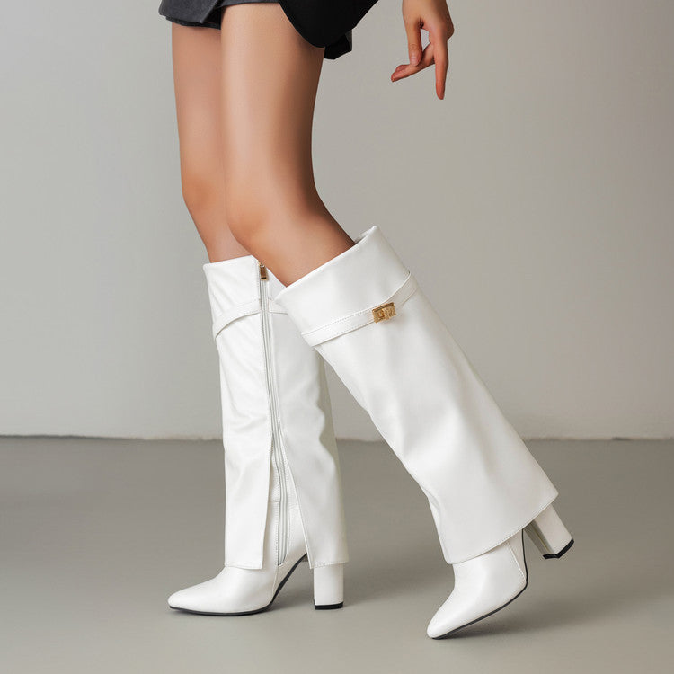 Sarah Express Pointed-Toe Chunky Heel Mid-Calf Boots