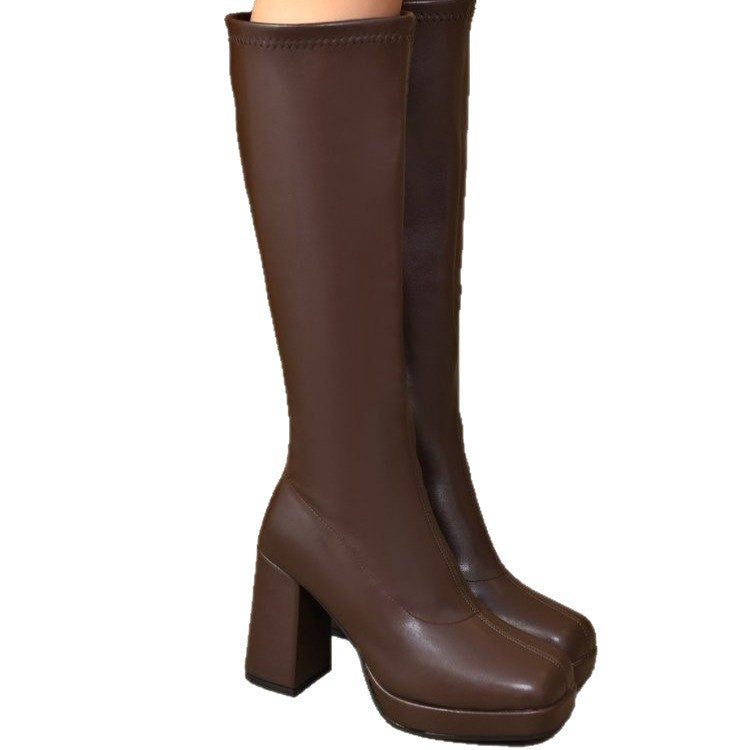 Sarah Express Chunky Heel Stretch Boots High Shaft